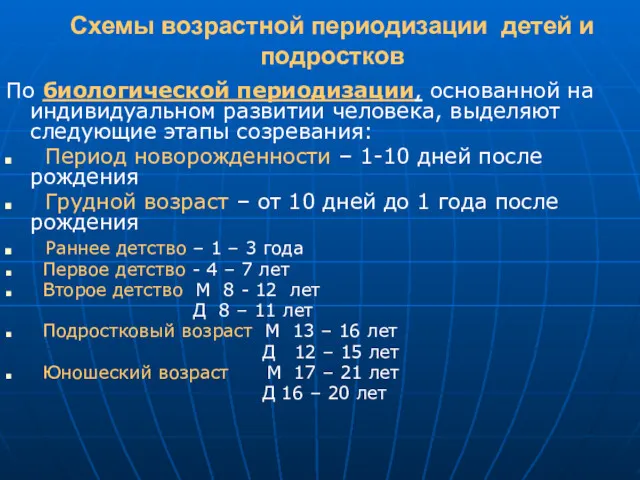 Схемы возрастной периодизации детей и подростков По биологической периодизации, основанной