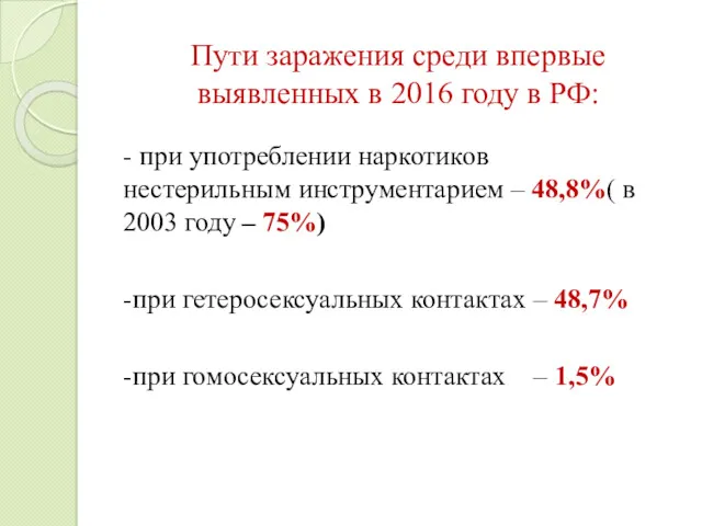 Пути заражения среди впервые выявленных в 2016 году в РФ: