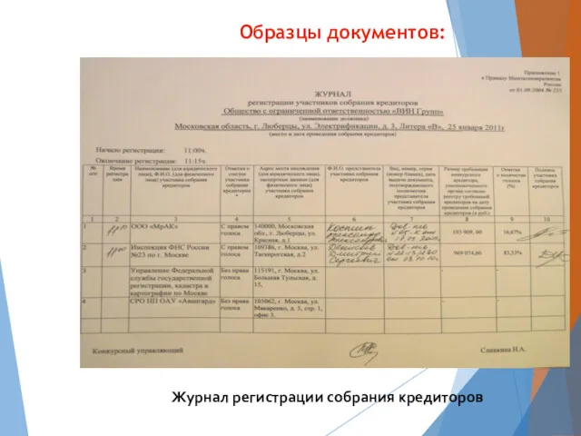 Образцы документов: Журнал регистрации собрания кредиторов