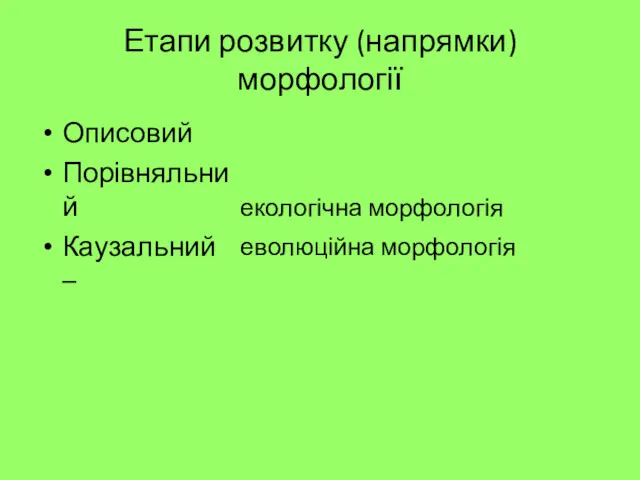 Етапи розвитку (напрямки) морфології Описовий Порівняльний Каузальний – екологічна морфологія еволюційна морфологія