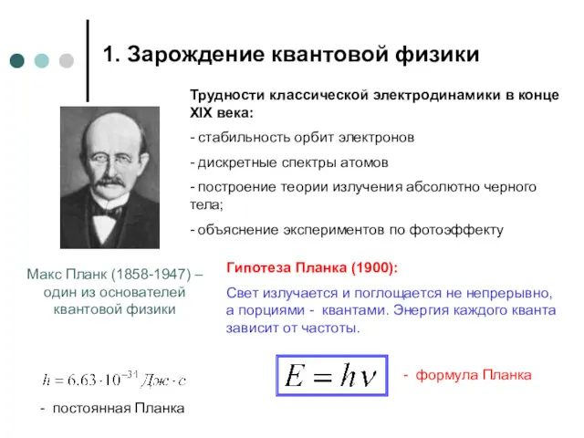 1. Зарождение квантовой физики Макс Планк (1858-1947) –один из основателей