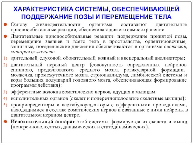 ХАРАКТЕРИСТИКА СИСТЕМЫ, ОБЕСПЕЧИВАЮЩЕЙ ПОДДЕРЖАНИЕ ПОЗЫ И ПЕРЕМЕЩЕНИЕ ТЕЛА Основу жизнедеятельности