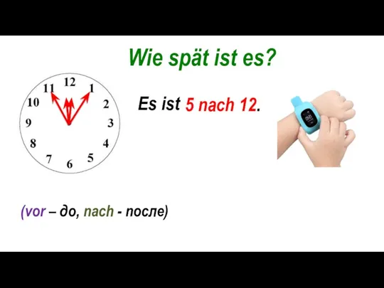 Wie spät ist es? Es ist ... . 5 vor