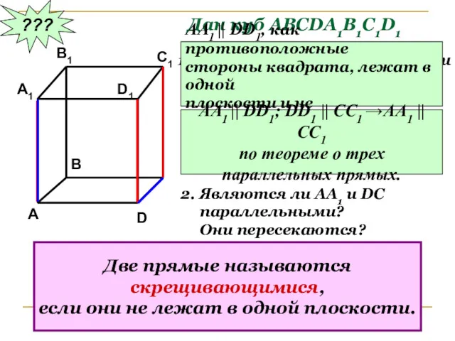 ??? Дан куб АВСDA1B1C1D1 Являются ли параллельными прямые АА1 и DD1; АА1 и