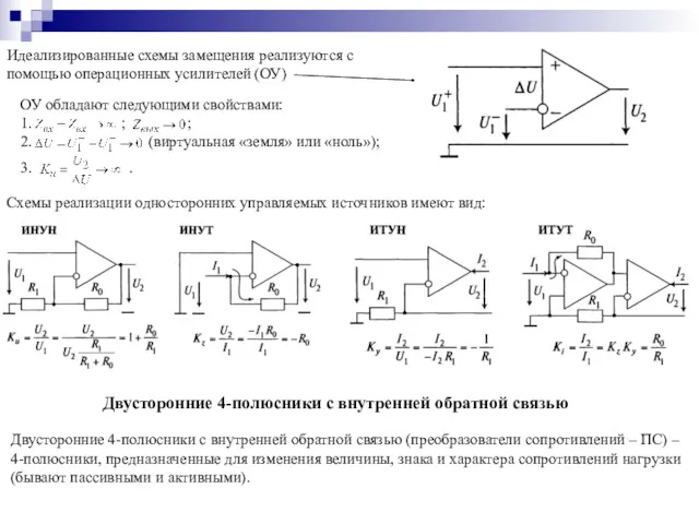 Идеализированные схемы замещения реализуются с помощью операционных усилителей (ОУ) Схемы