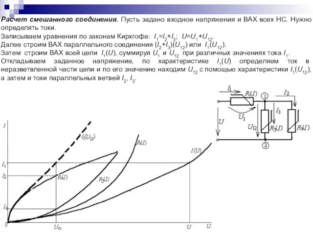 Расчет смешанного соединения. Пусть задано входное напряжения и ВАХ всех