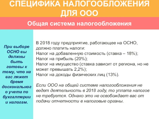 Общая система налогообложения СПЕЦИФИКА НАЛОГООБЛОЖЕНИЯ ДЛЯ ООО Количество работников ООО