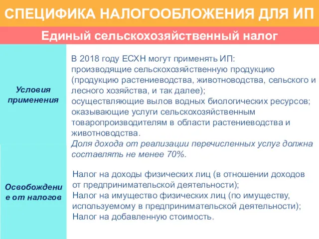 Единый сельскохозяйственный налог СПЕЦИФИКА НАЛОГООБЛОЖЕНИЯ ДЛЯ ИП Условия применения В