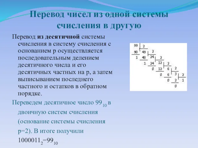 Перевод чисел из одной системы счисления в другую Перевод из десятичной системы счисления