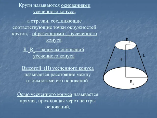 Круги называются основаниями усеченного конуса, а отрезки, соединяющие соответствующие точки