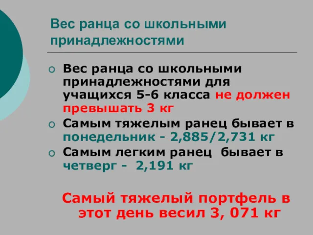 Вес ранца со школьными принадлежностями Вес ранца со школьными принадлежностями