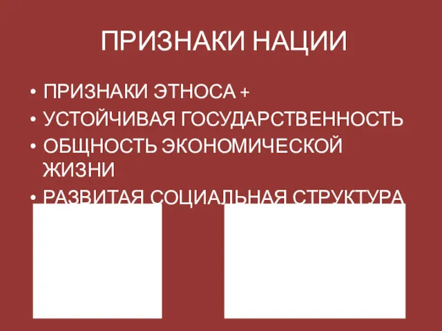 ПРИЗНАКИ НАЦИИ ПРИЗНАКИ ЭТНОСА + УСТОЙЧИВАЯ ГОСУДАРСТВЕННОСТЬ ОБЩНОСТЬ ЭКОНОМИЧЕСКОЙ ЖИЗНИ РАЗВИТАЯ СОЦИАЛЬНАЯ СТРУКТУРА