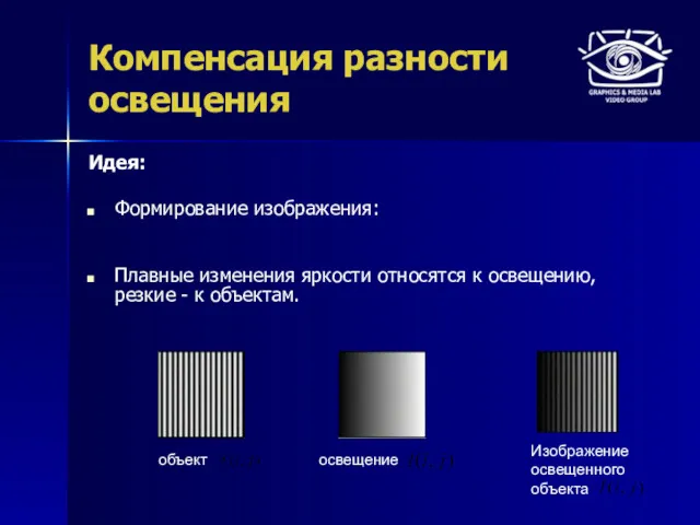 Компенсация разности освещения Идея: Формирование изображения: Плавные изменения яркости относятся