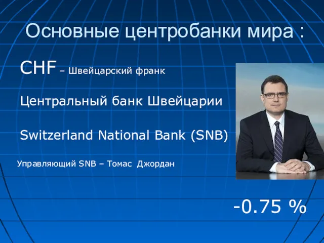 Основные центробанки мира : -0.75 % CHF – Швейцарский франк Центральный банк Швейцарии