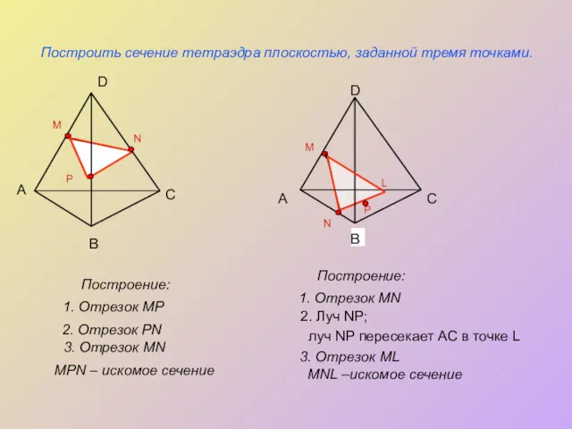P N Построить сечение тетраэдра плоскостью, заданной тремя точками. Построение: