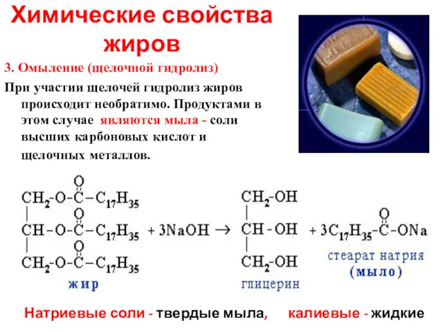 3. Омыление (щелочной гидролиз) При участии щелочей гидролиз жиров происходит