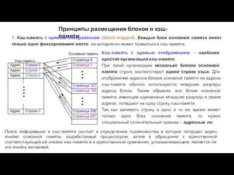 Принципы размещения блоков в кэш-памяти 1. Кэш-память с прямым отображением