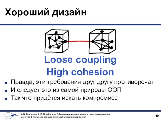 Хороший дизайн Loose coupling High cohesion Правда, эти требования друг другу противоречат И