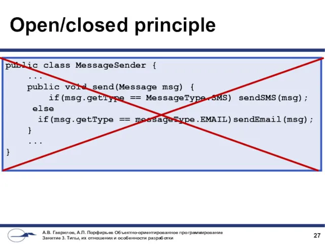 Open/closed principle public class MessageSender { ... public void send(Message msg) { if(msg.getType