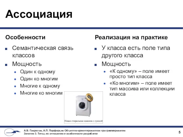 Особенности Семантическая связь классов Мощность Один к одному Один ко