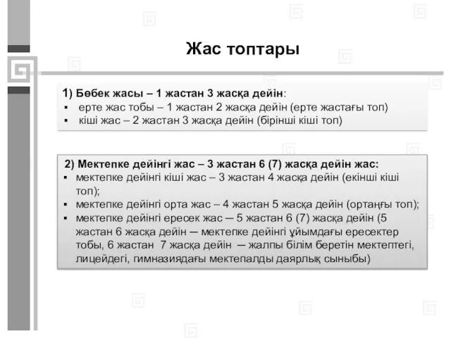 Жас топтары 2) Мектепке дейінгі жас – 3 жастан 6 (7) жасқа дейін