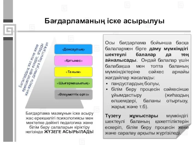 Бағдарламаның іске асырылуы Бағдарлама мазмұнын іске асыру жас ерекшелігі психологиясы мен мектепке дейінгі