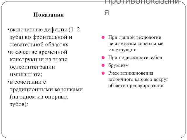 Противопоказания При данной технологии невозможны консольные конструкции. При подвижности зубов