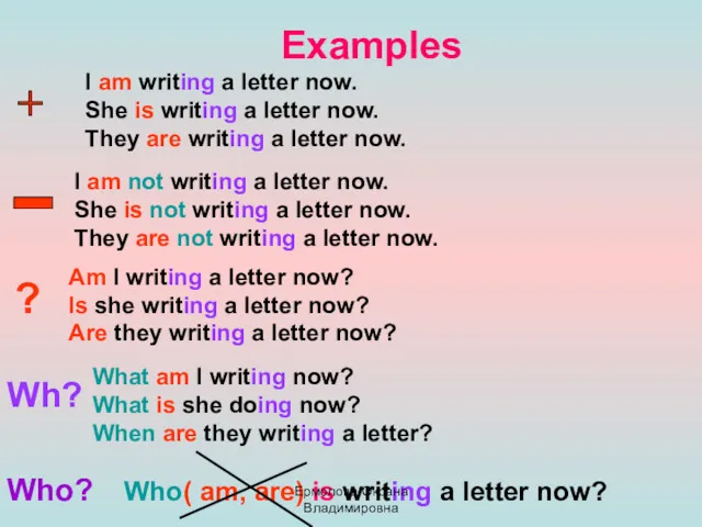Examples I am writing a letter now. She is writing