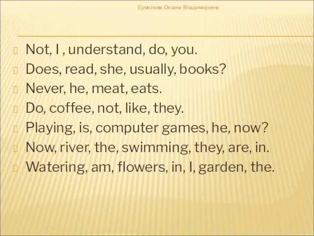 Not, I , understand, do, you. Does, read, she, usually,