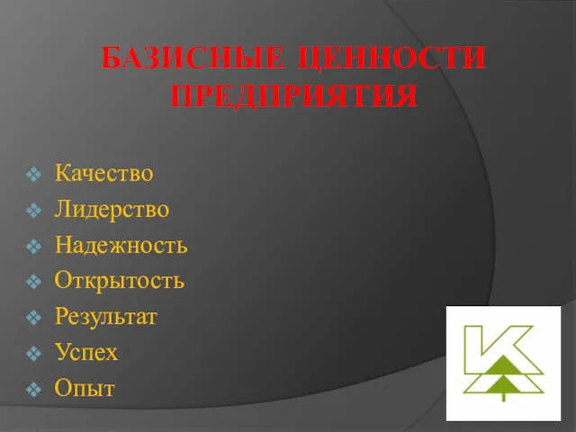 БАЗИСНЫЕ ЦЕННОСТИ ПРЕДПРИЯТИЯ Качество Лидерство Надежность Открытость Результат Успех Опыт