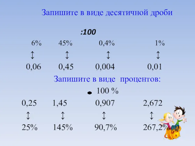 Запишите в виде десятичной дроби :100 6% 45% 0,4% 1%