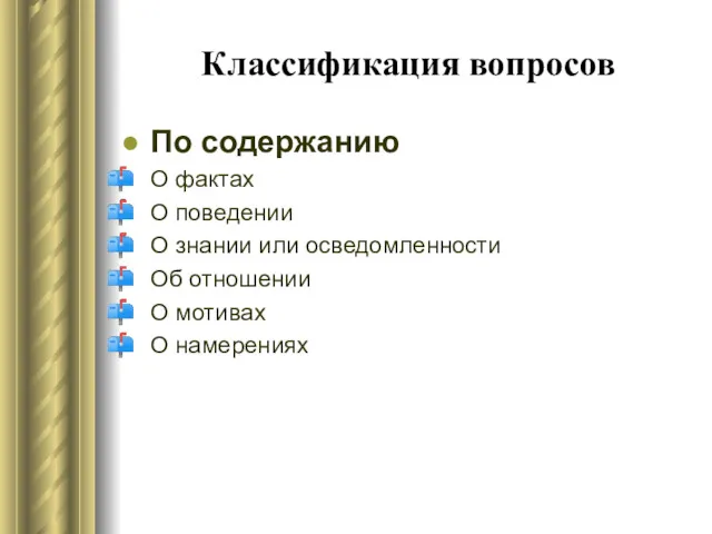 Классификация вопросов По содержанию О фактах О поведении О знании