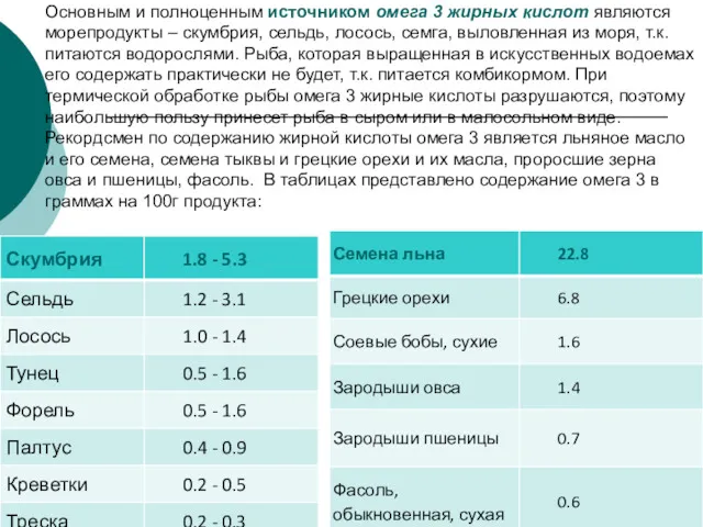 Основным и полноценным источником омега 3 жирных кислот являются морепродукты