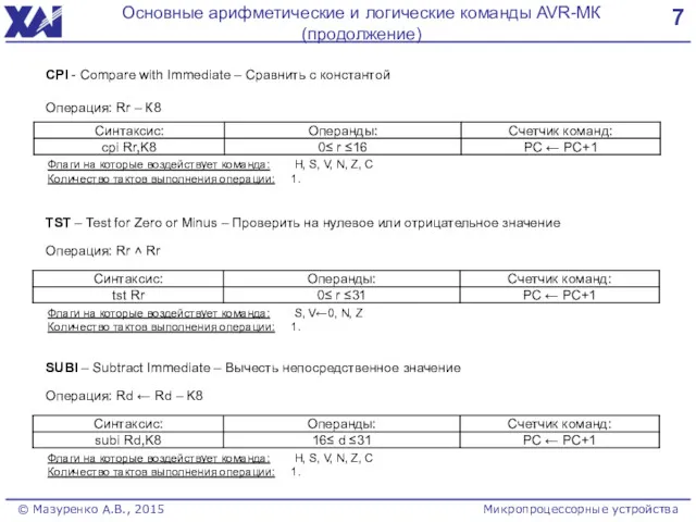 7 Основные арифметические и логические команды AVR-МК (продолжение) © Мазуренко А.В., 2015 Микропроцессорные