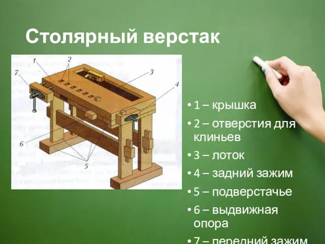 Столярный верстак 1 – крышка 2 – отверстия для клиньев 3 – лоток