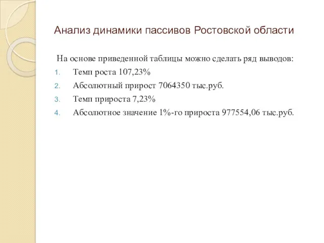 Анализ динамики пассивов Ростовской области На основе приведенной таблицы можно