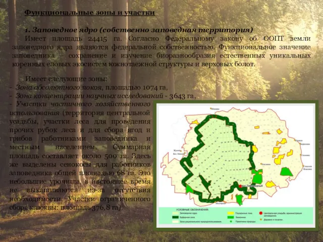 Функциональные зоны и участки 1. Заповедное ядро (собственно заповедная территория)