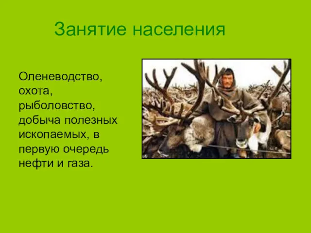 Занятие населения Оленеводство, охота, рыболовство, добыча полезных ископаемых, в первую очередь нефти и газа.