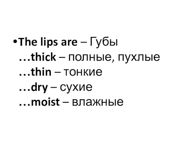 The lips are – Губы …thick – полные, пухлые …thin – тонкие …dry