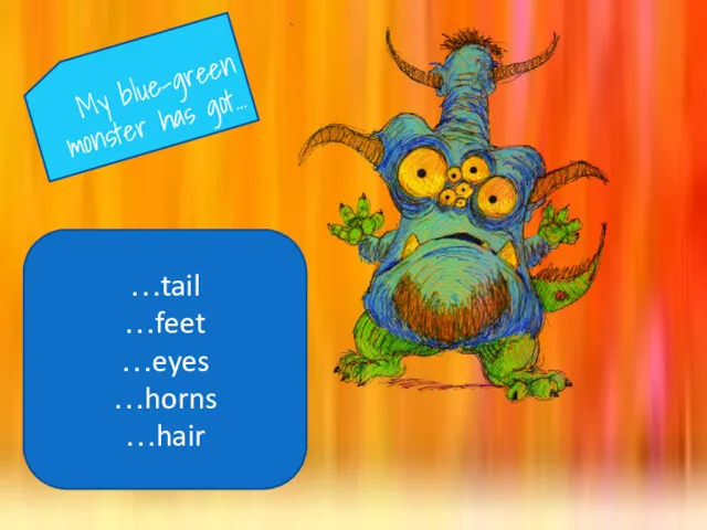 My blue-green monster has got… …tail …feet …eyes …horns …hair