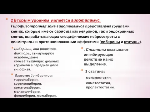 2 Вторым уровнем является гипоталамус. Гипофизотропная зона гипоталамуса представлена группами