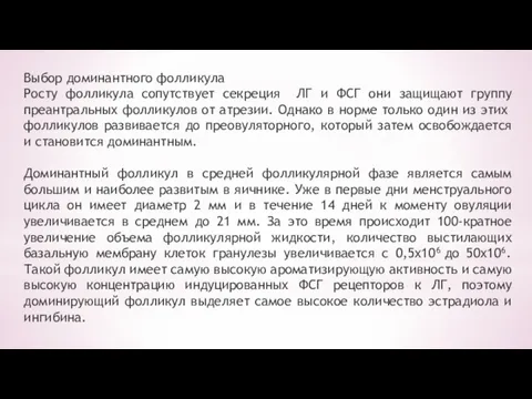 Выбор доминантного фолликула Росту фолликула сопутствует секреция ЛГ и ФСГ