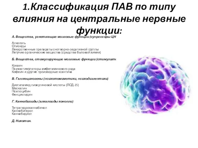 1.Классификация ПАВ по типу влияния на центральные нервные функции: А. Вещества, угнетающие мозговые