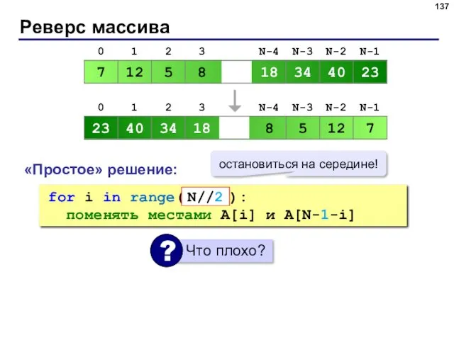 Реверс массива «Простое» решение: for i in range( N ):