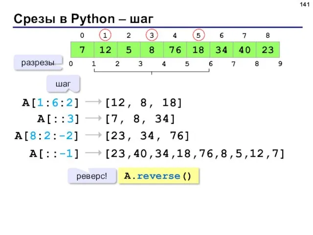 Срезы в Python – шаг A[1:6:2] [12, 8, 18] разрезы A[::3] [7, 8,