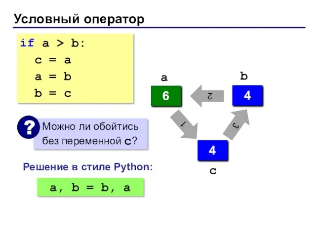 Условный оператор if a > b: с = a a = b b