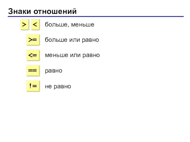 Знаки отношений > >= == != больше, меньше больше или равно меньше или