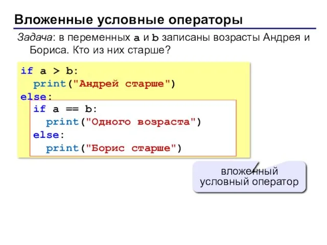 Вложенные условные операторы if a > b: print("Андрей старше") else: if a ==