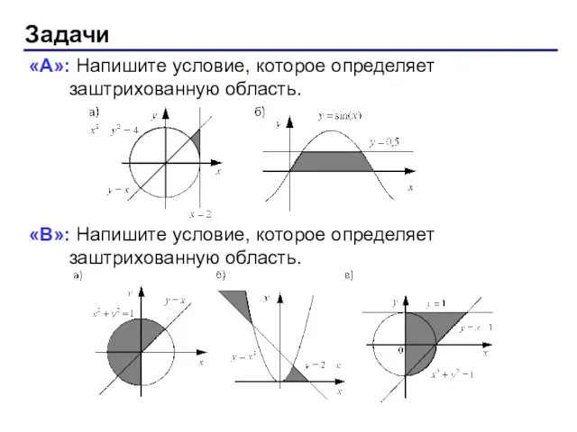 Задачи «A»: Напишите условие, которое определяет заштрихованную область. «B»: Напишите условие, которое определяет заштрихованную область.