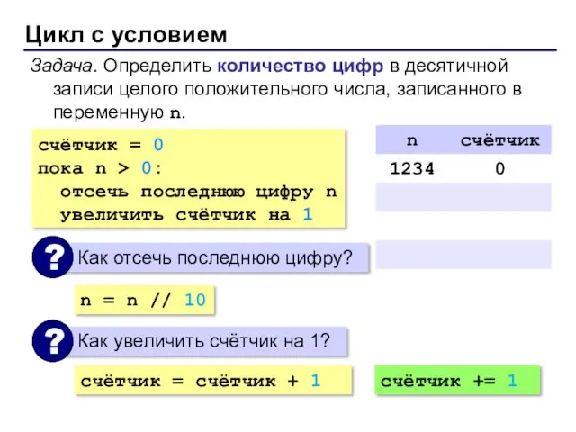 Цикл с условием Задача. Определить количество цифр в десятичной записи целого положительного числа,